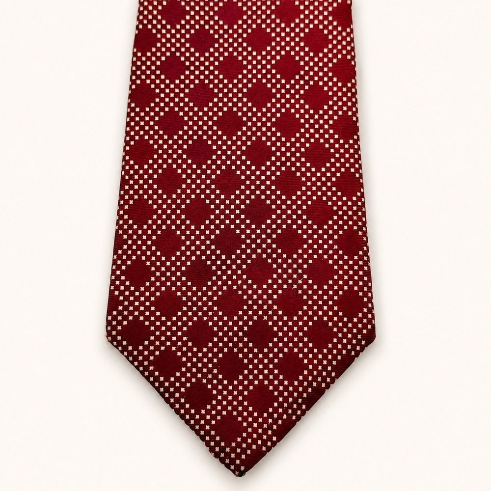 Vintage Christian Dior Silk Necktie Burgundy Red Geometric Diamond Italy Luxury